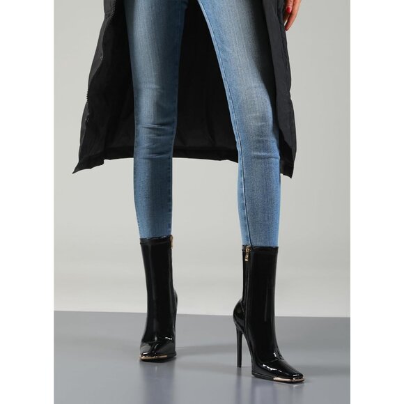 Women's Mid Calf Comfy Square Closed Heel Zipper Short Ankle Stiletto Black Boot - Picture 3 of 8